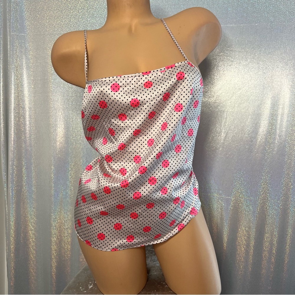 Victoria secret 2 piece silky satiny set tank and shorts polkadot neon pink y2k - Picture 12 of 13
